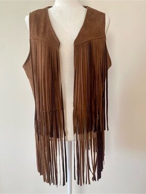 NWT Dokotoo Brown Faux Suede Fringe Vest Boho Western Festival Open Front XL